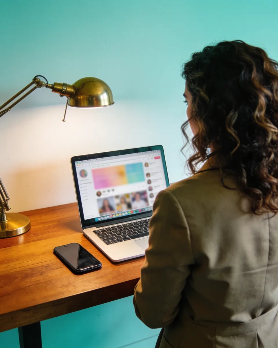 Advogada de costas em uma mesa moderna, revisando no notebook o leiaute desfocado de uma publicação de rede social