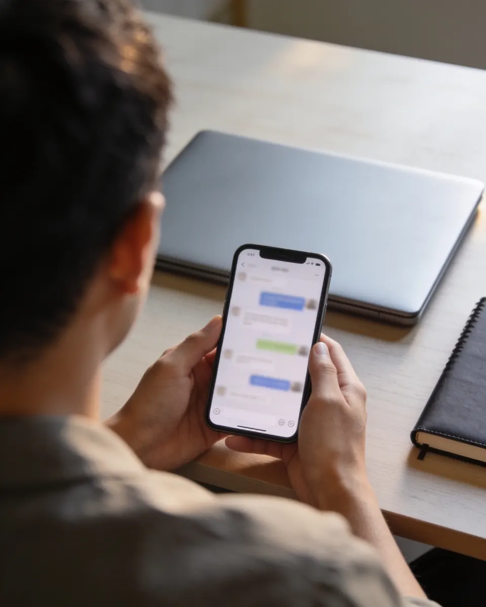 Pessoa de costas numa mesa de escritório, segurando o celular com uma conversa de mensagens desfocada na tela