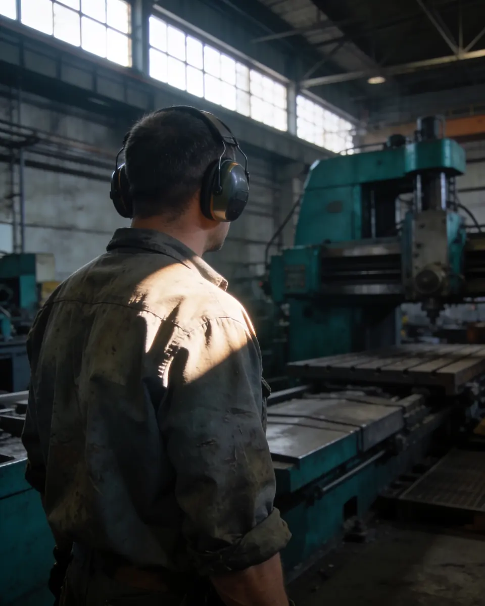 Trabalhador de costas com protetor auricular diante de uma máquina industrial parada