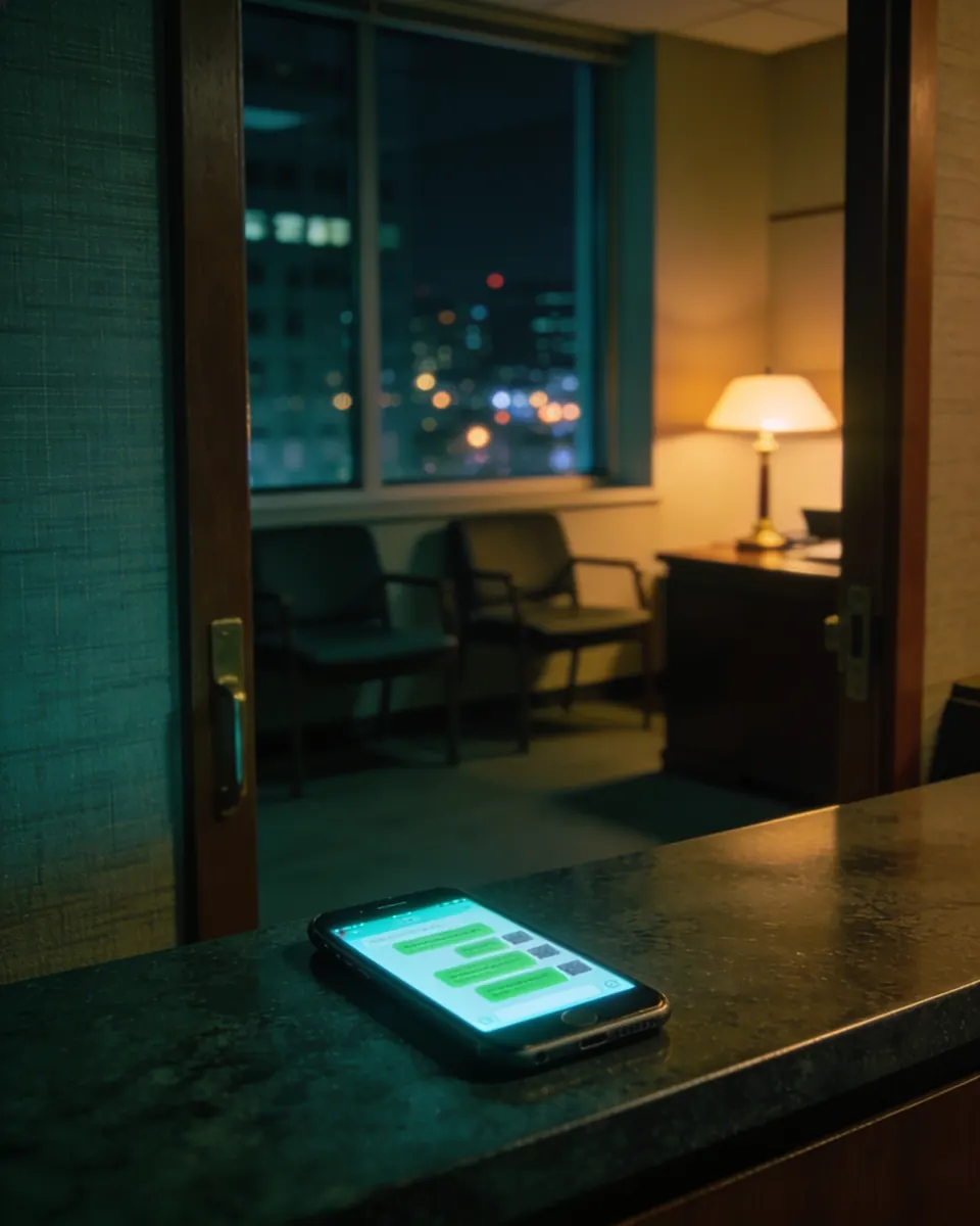 Recepção de um escritório de advocacia vazia à noite, vista da porta, com um celular aceso no balcão mostrando uma conversa desfocada e as luzes da cidade na janela