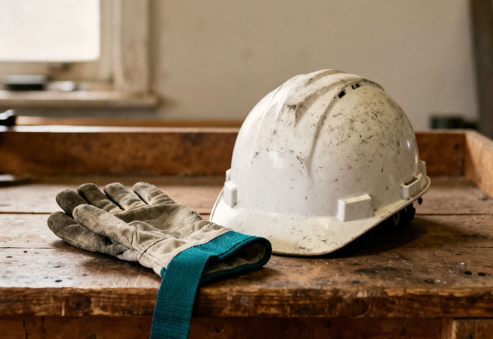 Capacete de obra e luva de trabalho sobre bancada de madeira