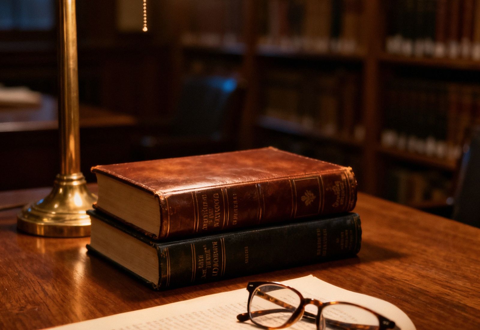 Códigos de couro e óculos de leitura sob luminária de latão