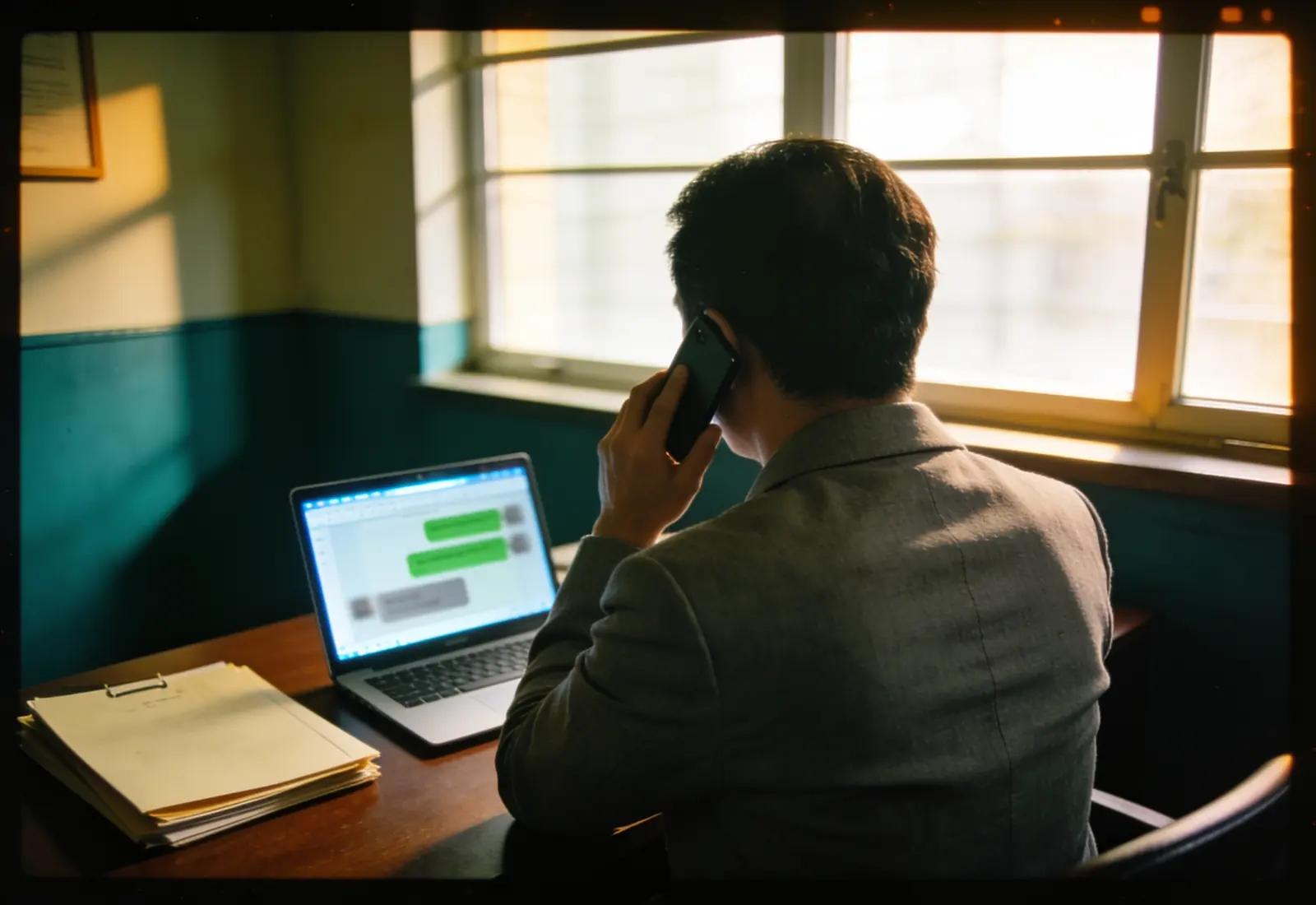 Advogado de costas numa mesa de escritório à tarde, ao telefone, com o notebook aberto numa conversa desfocada