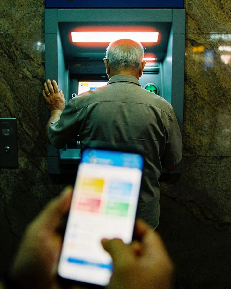 Homem mais velho visto de costas diante de um terminal de autoatendimento de banco, com o celular na mão