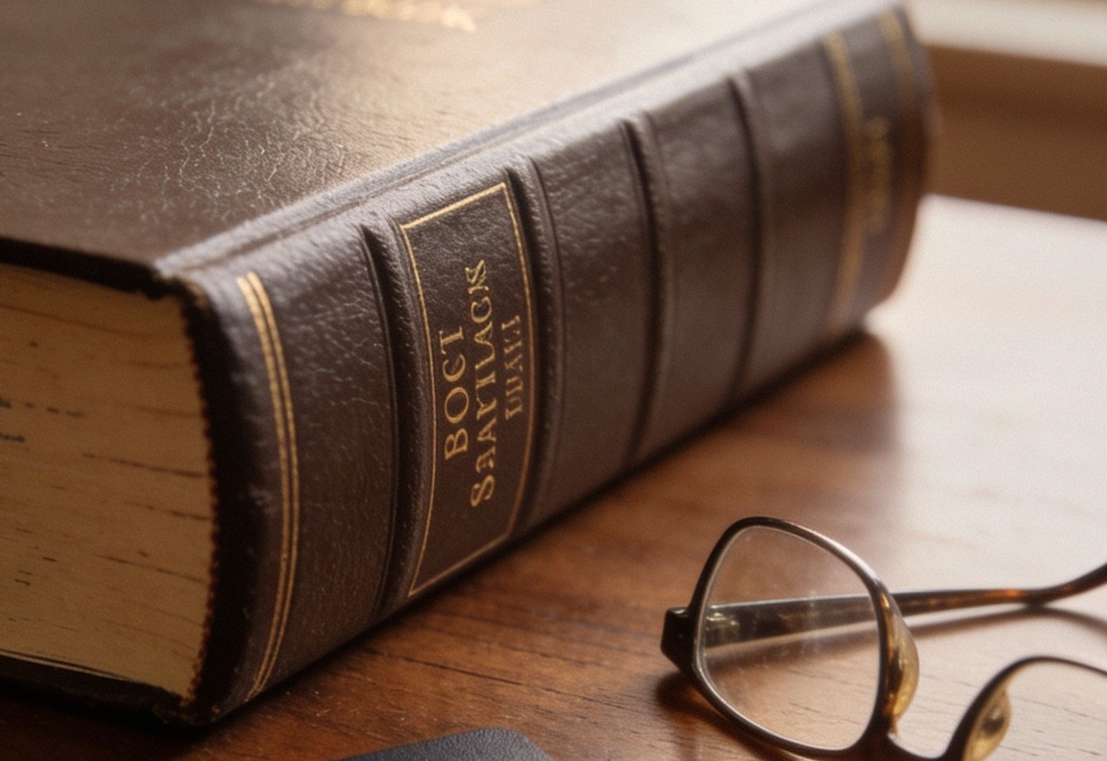 Livro de lei com óculos de leitura sobre mesa de madeira