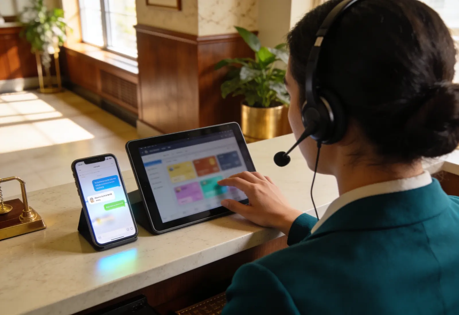 Recepcionista de escritório de costas no balcão pela manhã, com fone de ouvido, um tablet com painel desfocado e um celular aceso