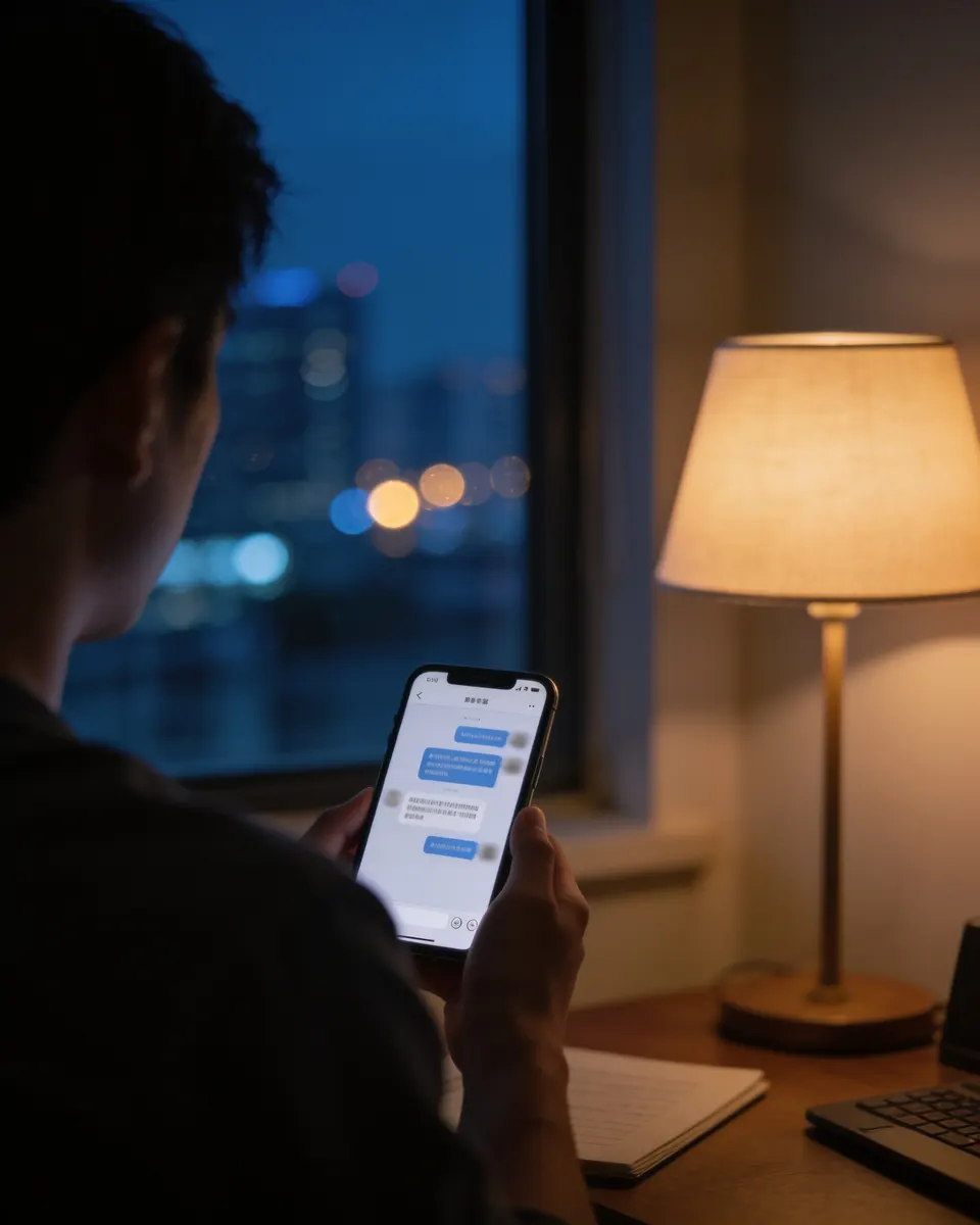 Pessoa de costas, sem o rosto à mostra, segurando à noite um celular com uma conversa de WhatsApp desfocada na tela