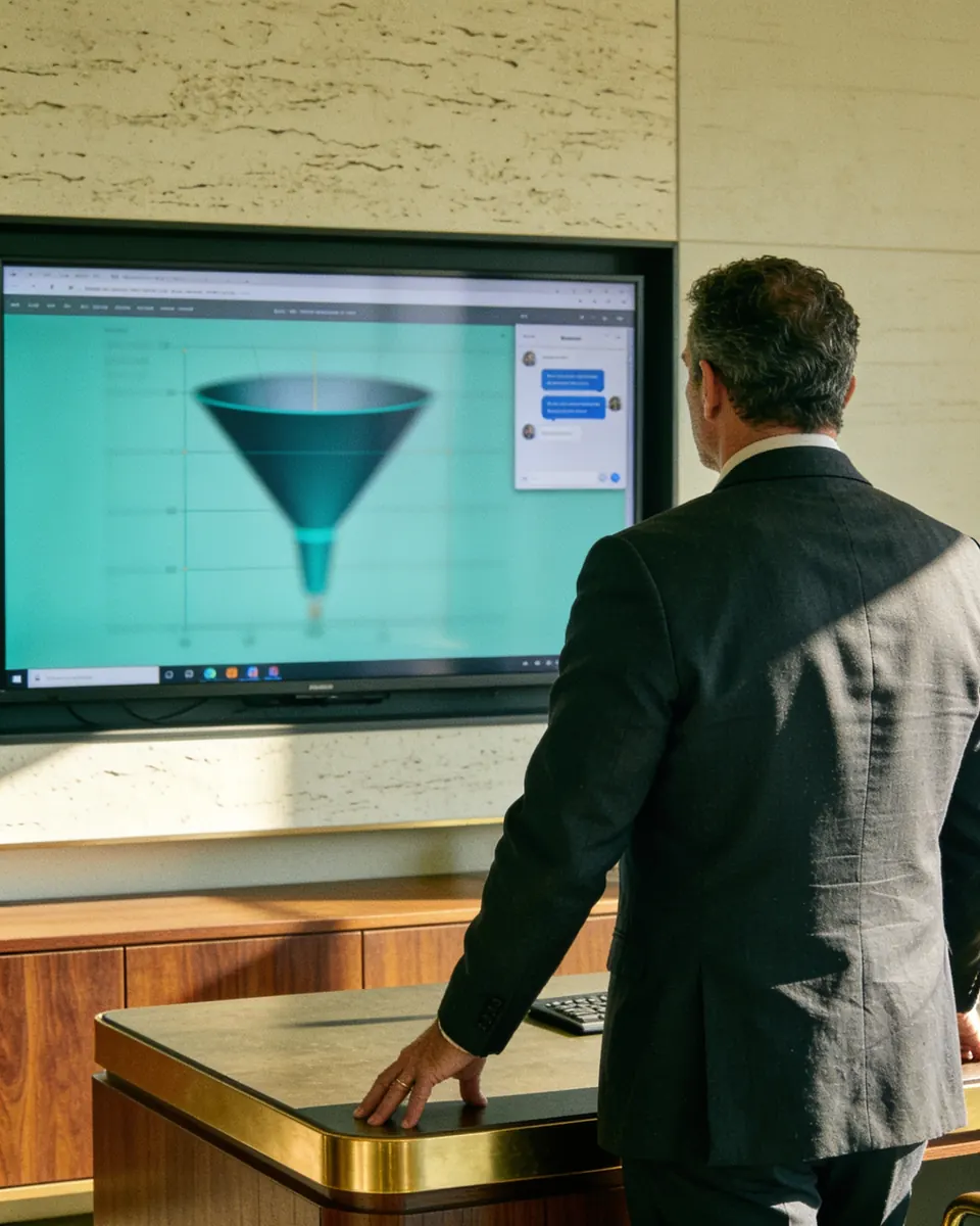 Advogado de costas diante de um monitor com um gráfico de funil e uma conversa desfocados, em escritório moderno
