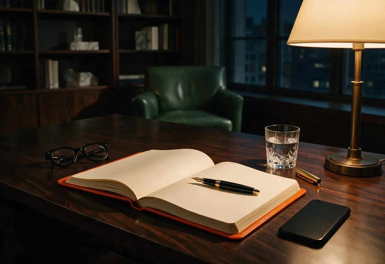 Mesa de trabalho de um escritório à noite, com caderno aberto, caneta e luminária acesa