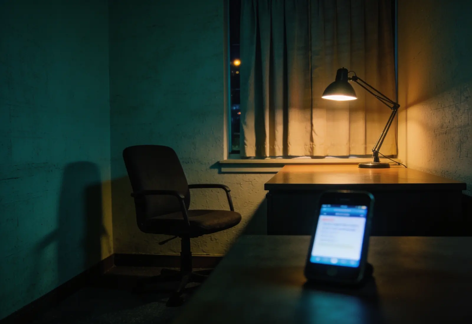 Escritório de advocacia vazio à noite, com a luminária acesa e um celular iluminado sobre a mesa