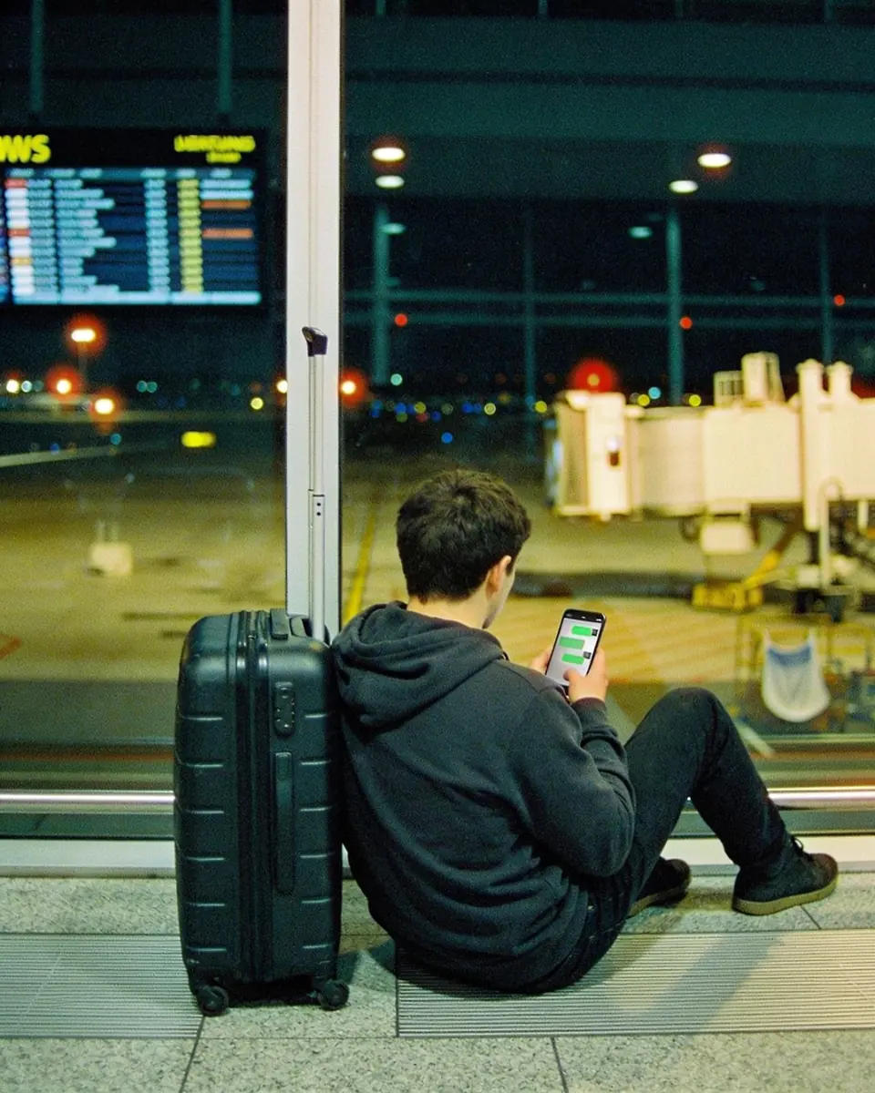 Jovem de moletom escuro, de costas, sentado no chão de um portão de embarque à noite, encostado no vidro, com uma mala de mão ao lado, olhando o celular aceso numa conversa desfocada