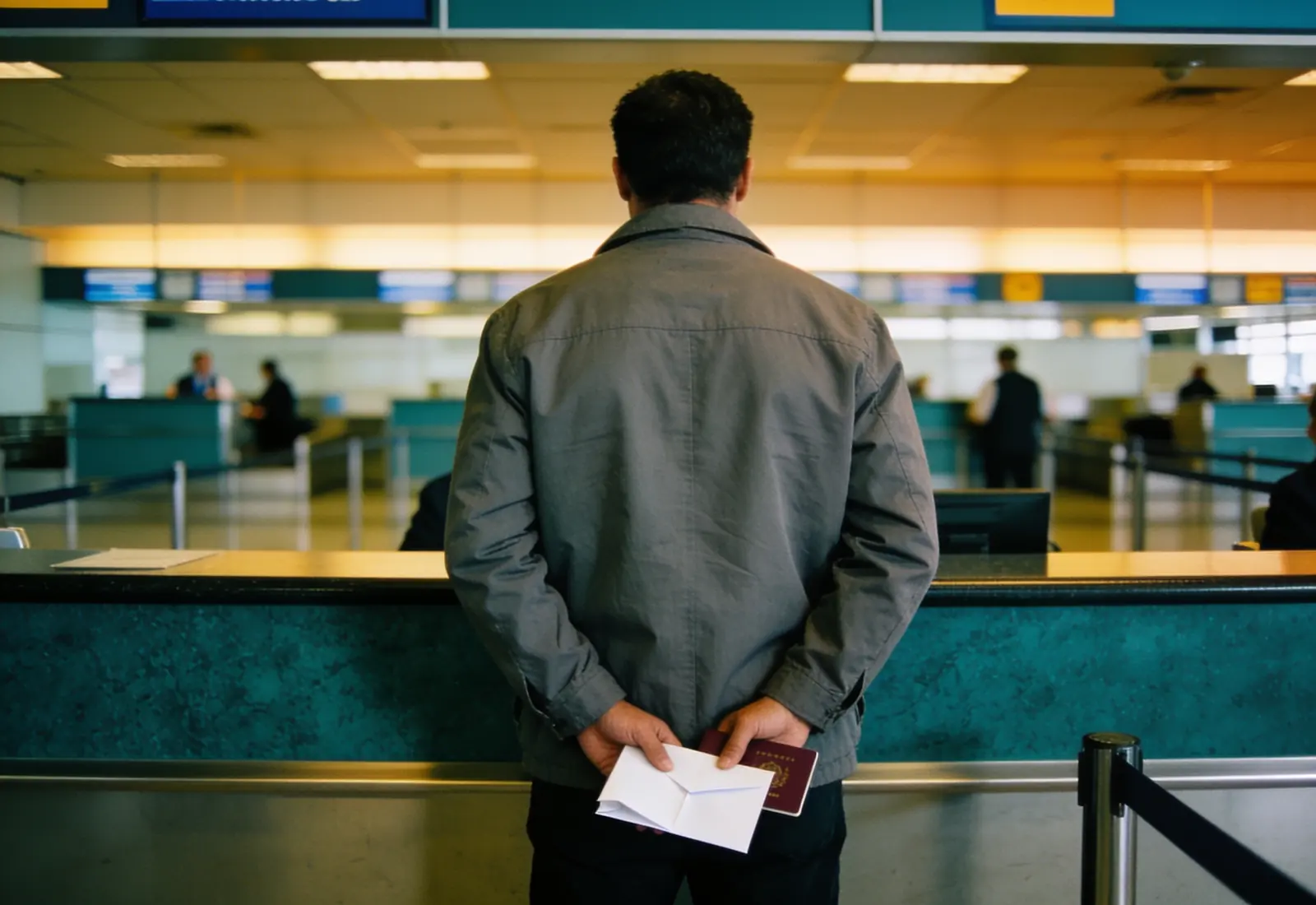 Homem de jaqueta cinza, de costas, no balcão de uma companhia aérea, com um papel dobrado e um passaporte na mão, e o saguão desfocado atrás do balcão