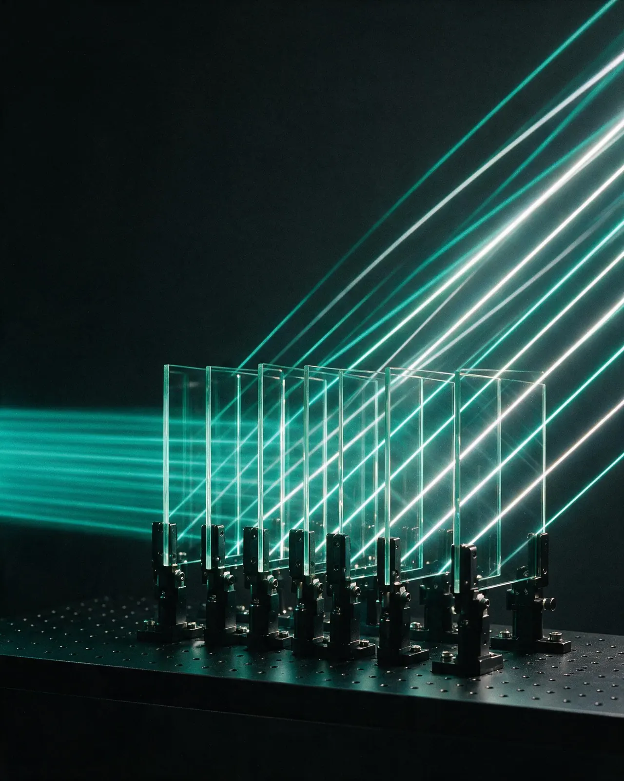 Lâmina de luz laser atravessando placas de vidro óptico alinhadas numa bancada, refratando em linhas paralelas