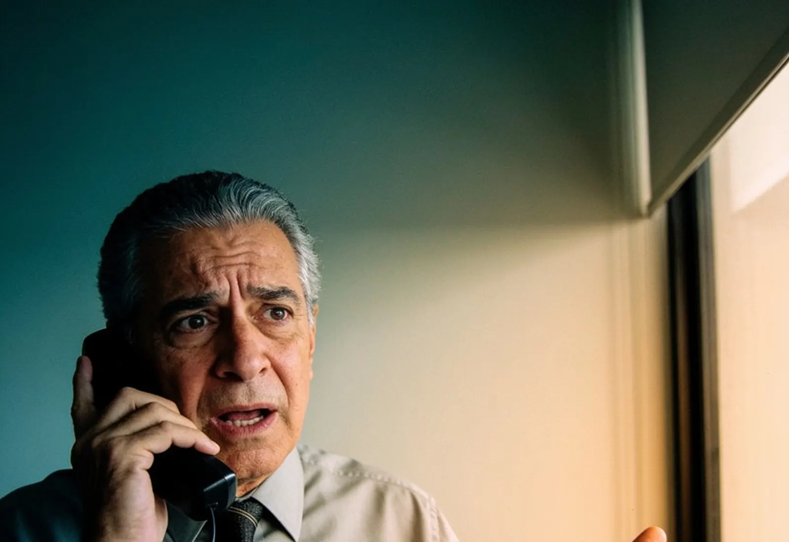 Advogado de pé num escritório, telefone no ouvido, com expressão atenta enquanto escuta