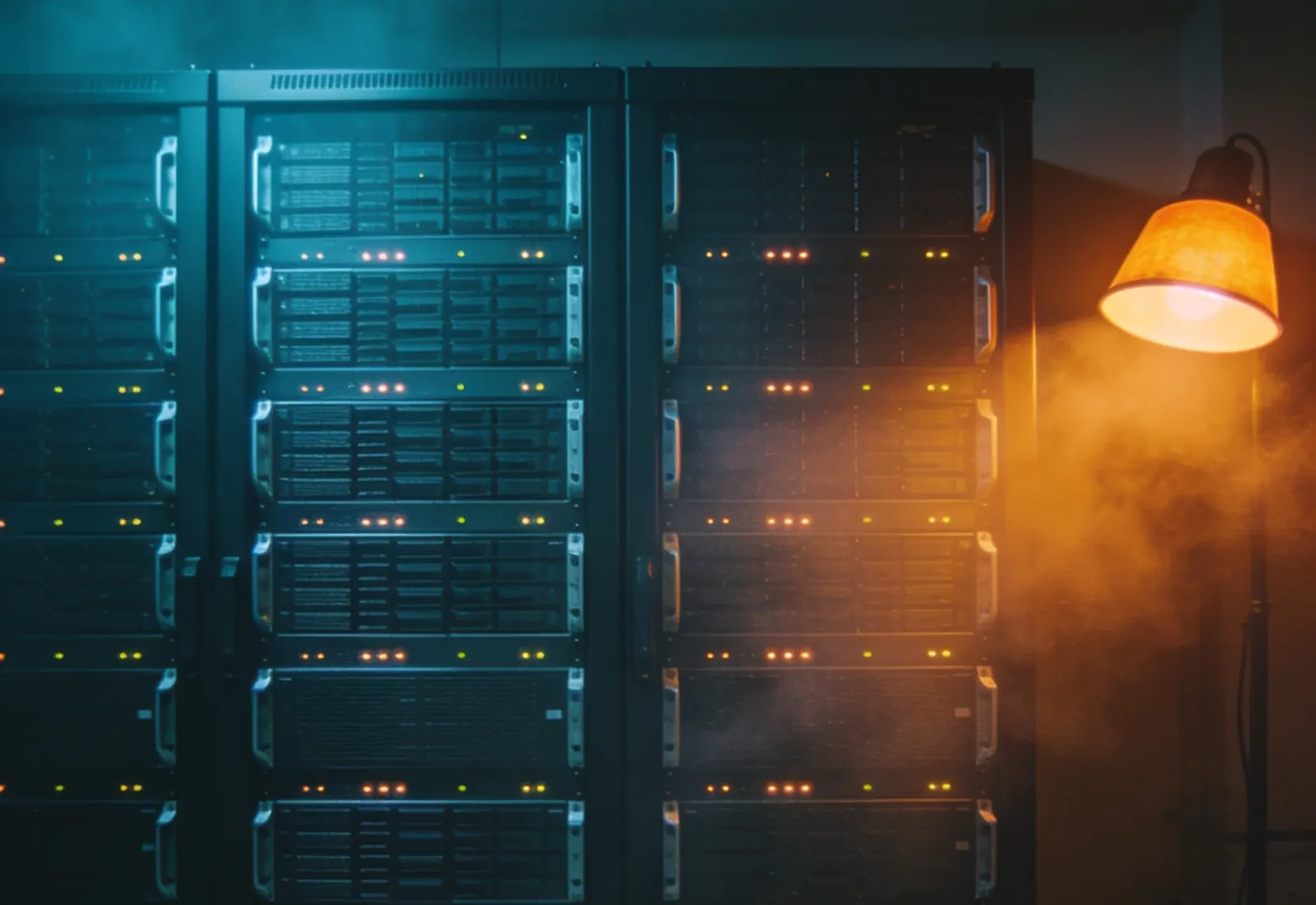 Parede frontal de racks de servidores com fileiras de luzes de status em luz fria
