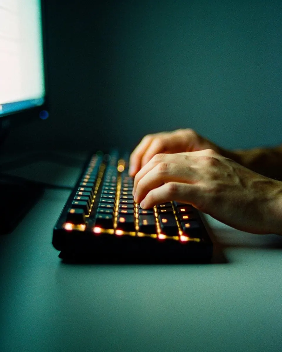 Duas mãos digitando num teclado iluminado apenas pelo brilho de uma tela, num ambiente escuro