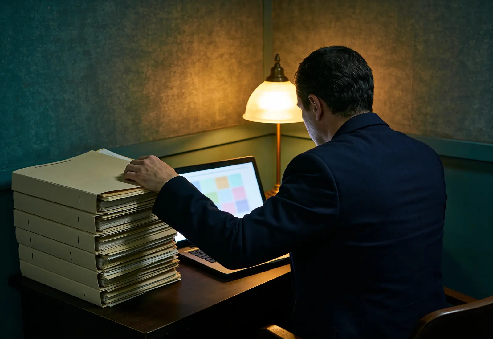Advogado de blazer, de costas, numa mesa de escritório ao anoitecer, revisando uma pilha de pastas sem identificação ao lado de um notebook aceso e de um abajur