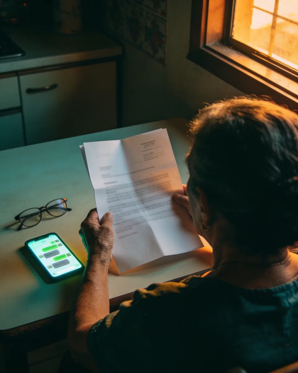 Mulher mais velha, de costas, sentada à mesa da cozinha no fim da tarde, lendo uma carta oficial de linhas desfocadas, com óculos de leitura sobre a mesa e um celular aceso com uma conversa desfocada