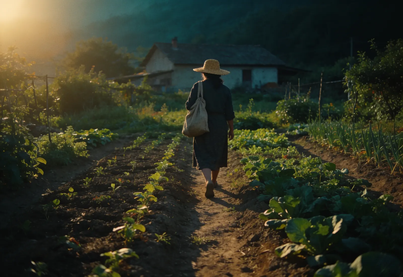 Mulher do campo, de costas, caminhando entre canteiros de uma pequena horta familiar ao nascer do sol, de chapéu de palha e sacola no ombro