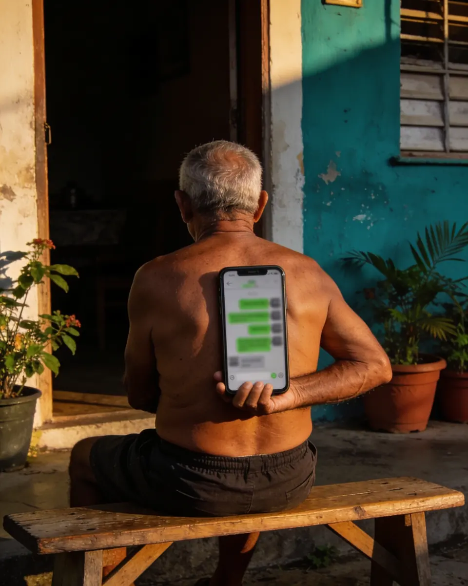 Homem mais velho, de costas, sentado num banco de madeira na varanda de uma casa simples, segurando um celular com uma conversa desfocada, no fim da tarde