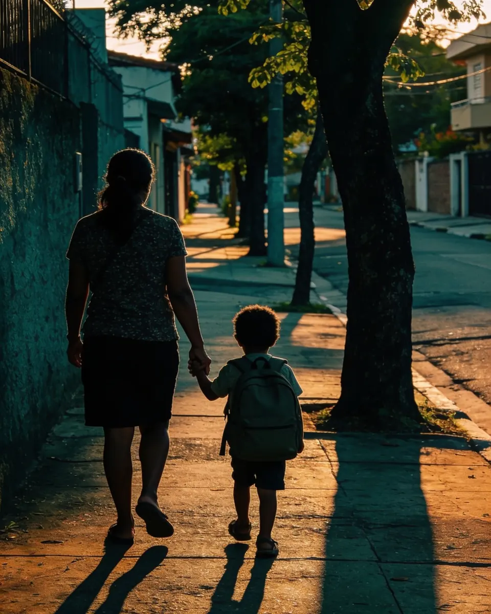 Mãe vista de costas segurando a mão de uma criança com mochila escolar numa rua residencial no fim da tarde