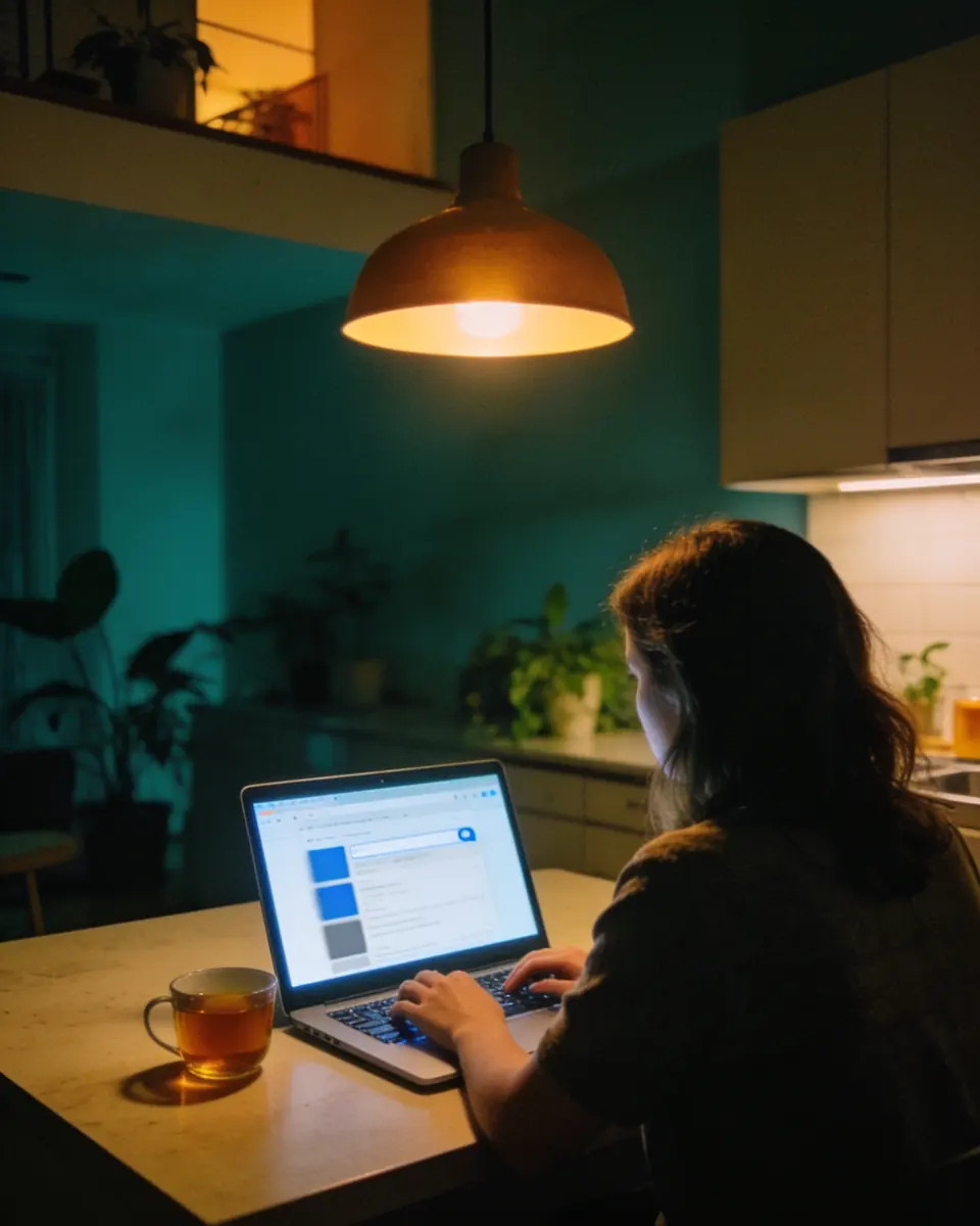 Mulher de costas numa mesa de cozinha à noite digitando no notebook, a tela acesa com uma página de busca desfocada