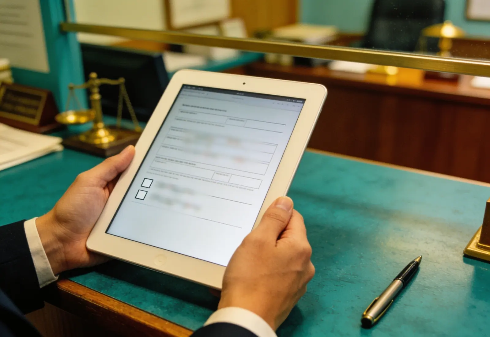 Mãos de uma recepcionista no balcão de um escritório segurando um tablet com um formulário desfocado, uma caneta ao lado
