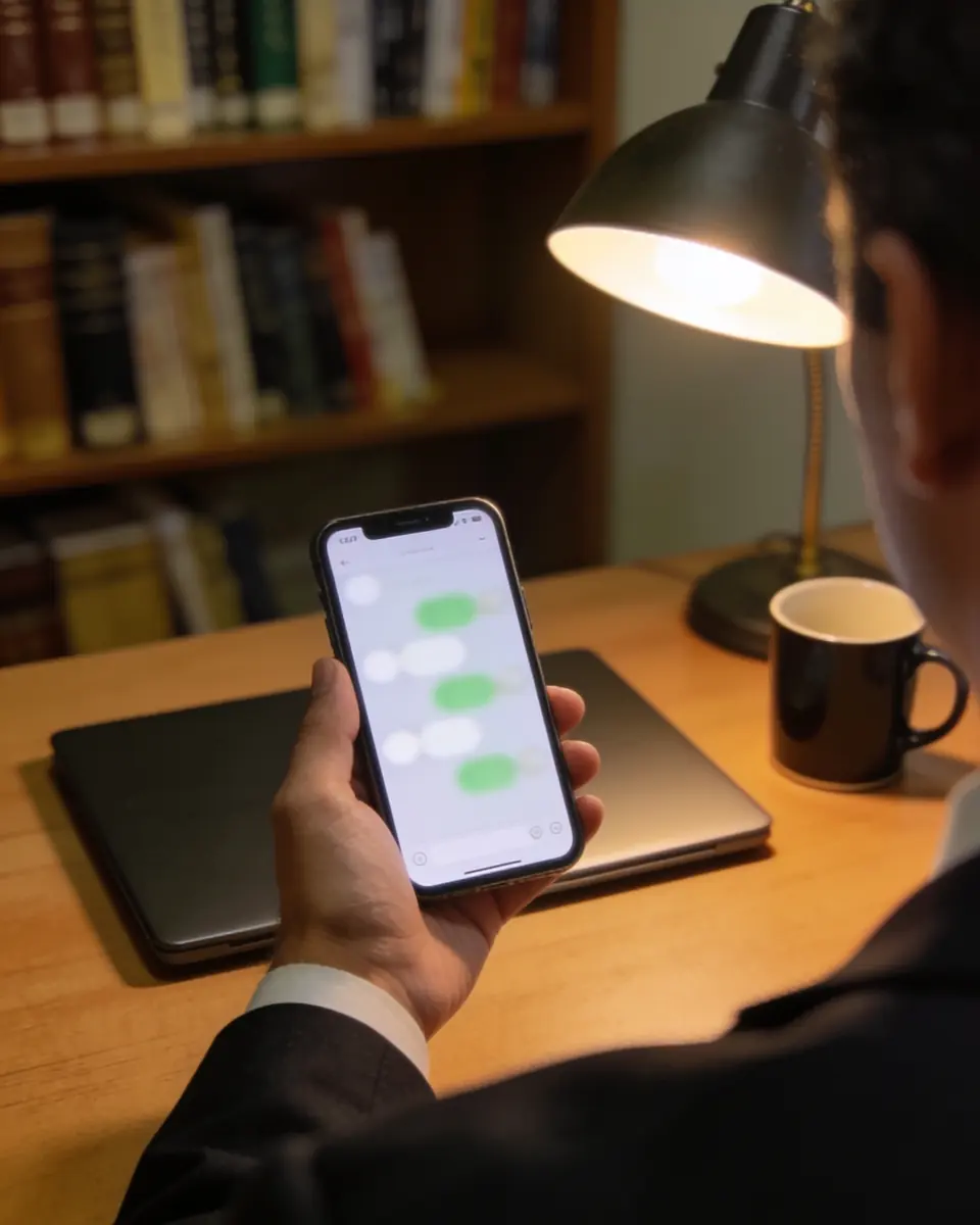 Pessoa de costas, sem o rosto à mostra, segurando um celular com uma conversa desfocada na tela, numa mesa de escritório