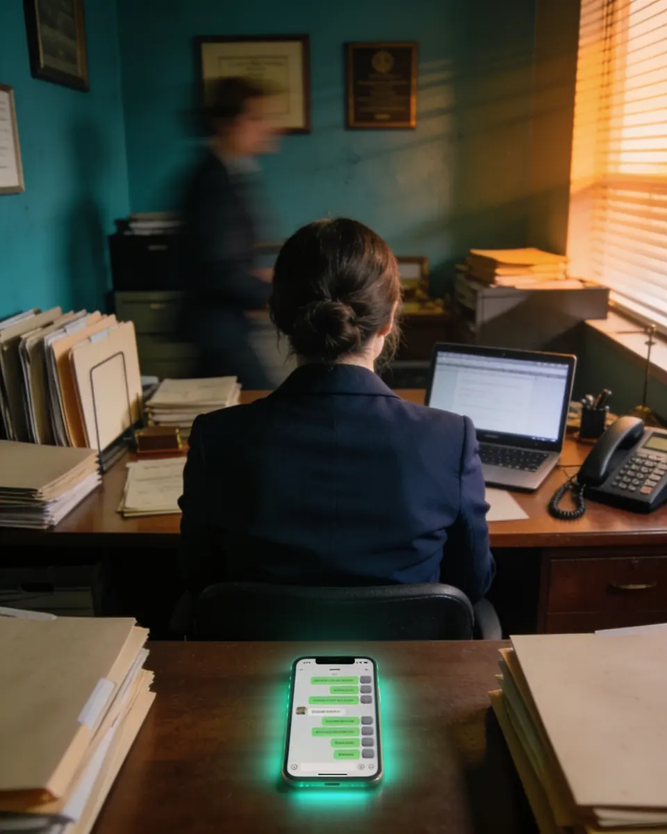 Advogada de costas à mesa de um escritório movimentado, com o celular aceso mostrando uma longa lista de conversas desfocadas