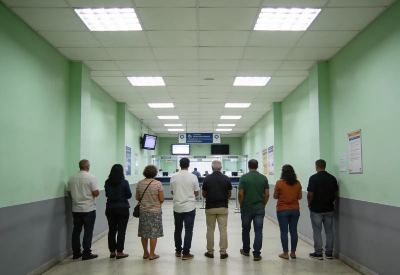 Fila de pessoas vista de longe num salão de atendimento ao público, todas de costas