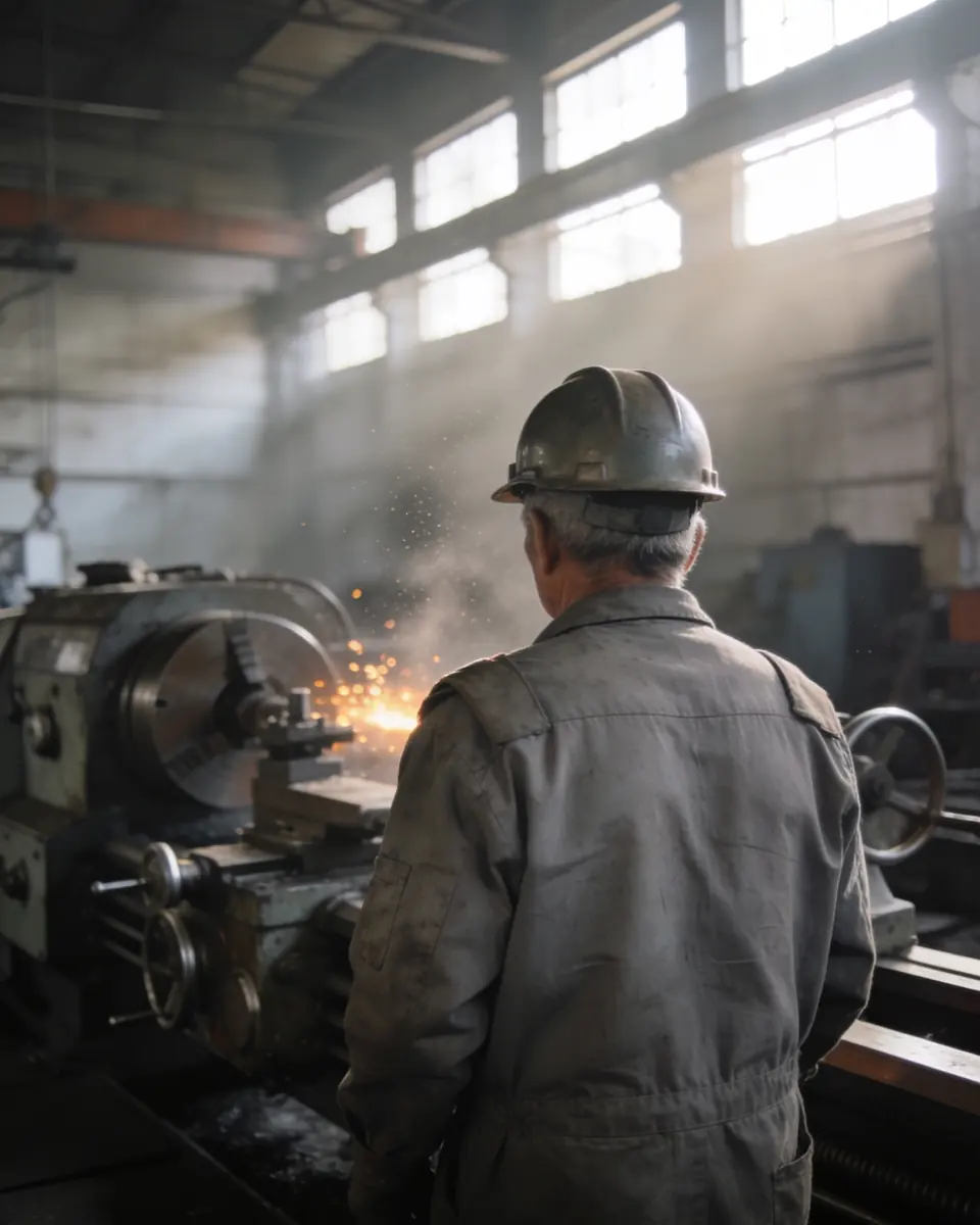 Trabalhador de costas numa oficina metalúrgica, de macacão e protetor auricular, diante de uma bancada com peças de metal e faíscas de esmerilhadeira ao fundo, sem rosto visível