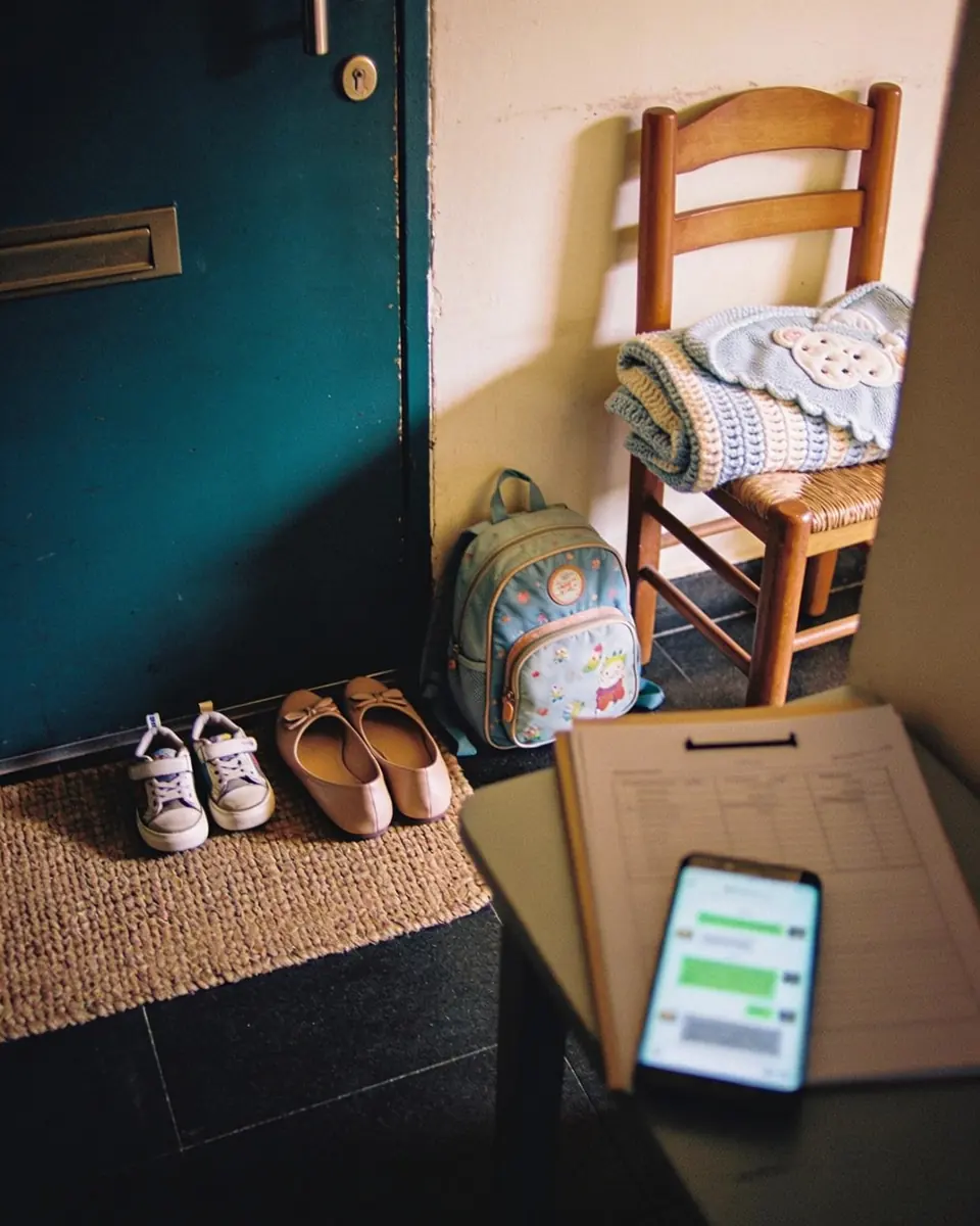 Entrada de um apartamento pela manhã, com um par de tênis de criança ao lado de sapatilhas de mulher sobre um capacho, uma mochila infantil encostada na parede, uma manta de bebê dobrada numa cadeira e, numa mesinha, uma pasta de documentos e um celular aceso com uma conversa desfocada