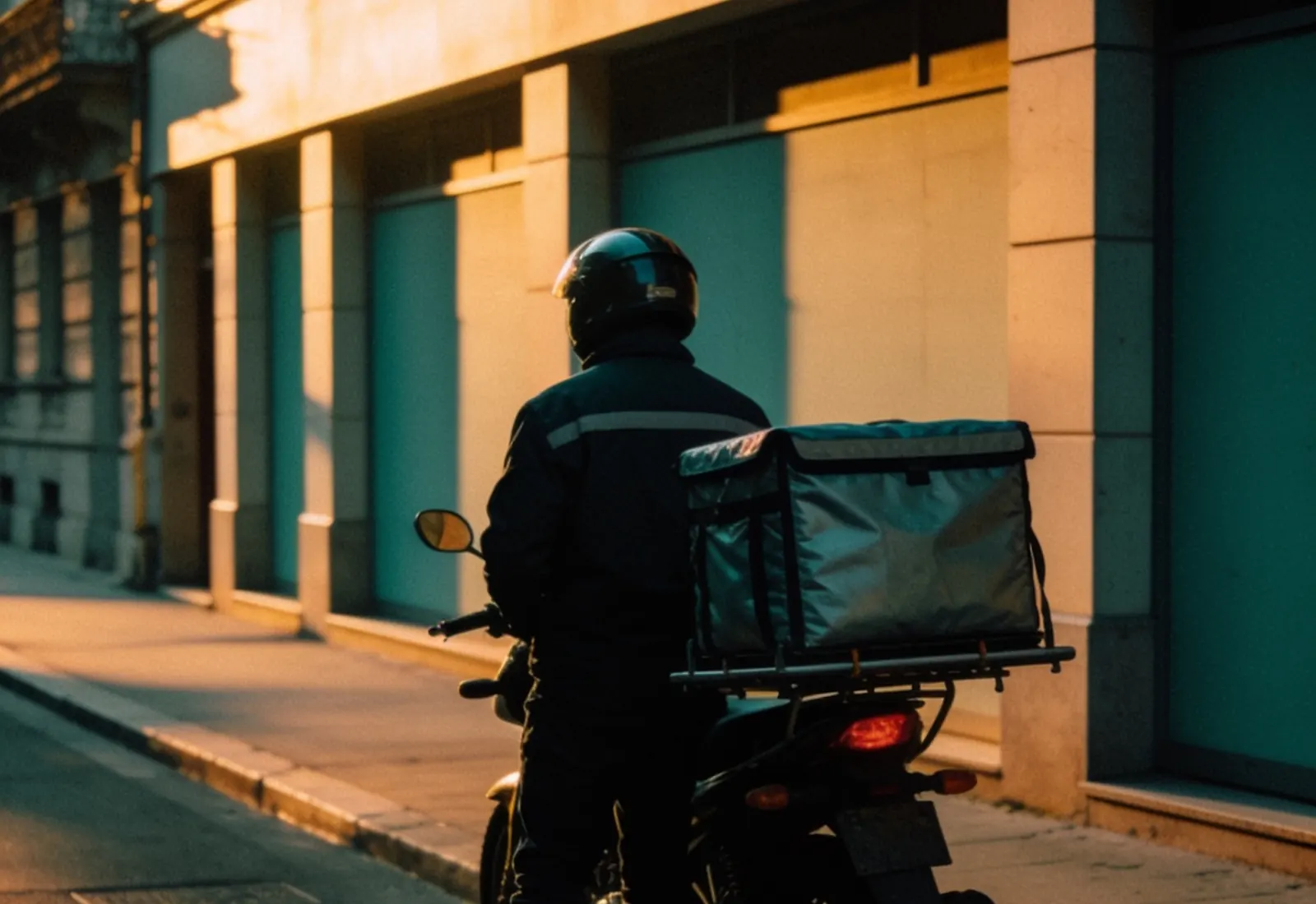 Entregador de moto parado numa rua ao amanhecer, visto de longe e de costas, com capacete e bag térmica