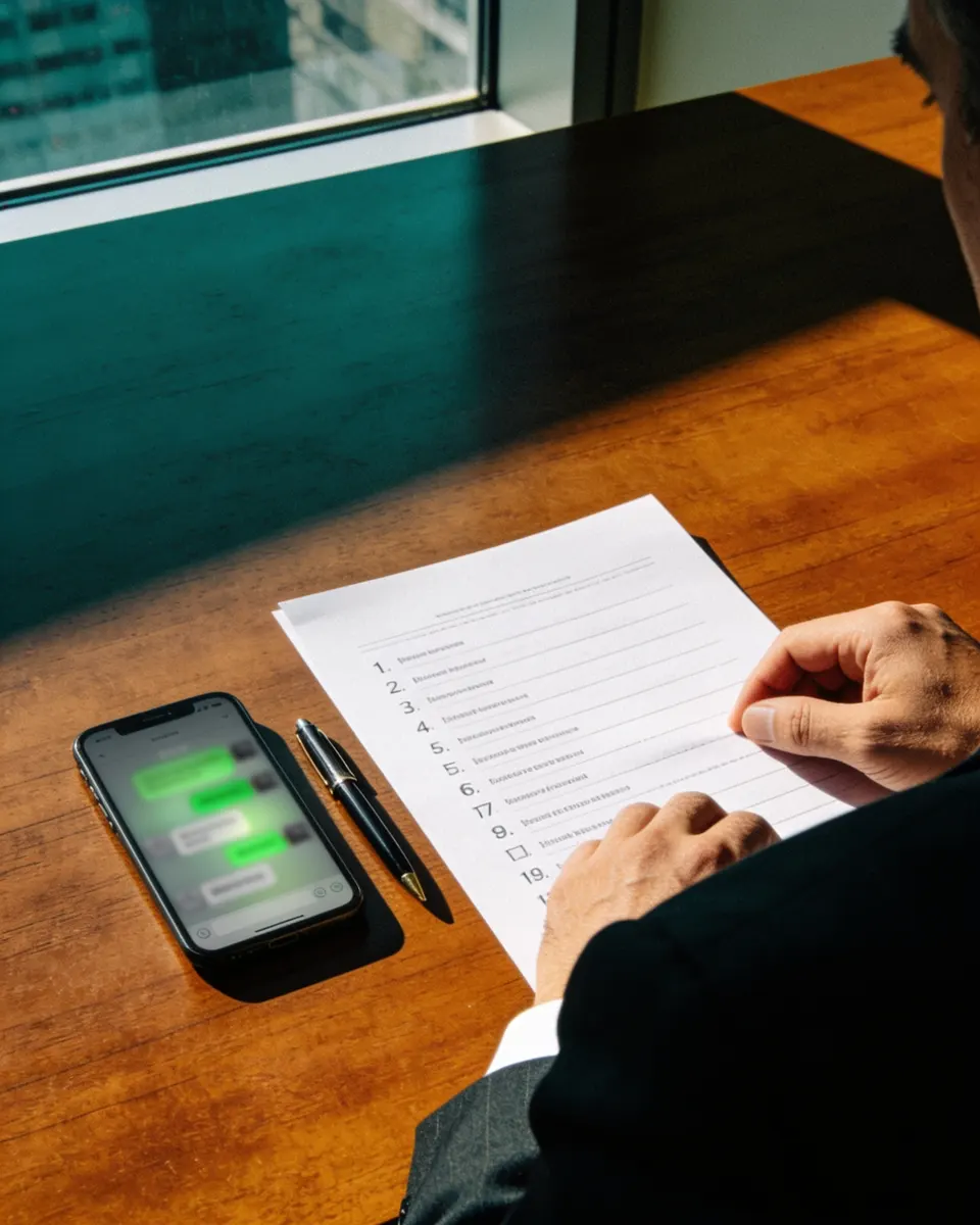 Advogado de costas em uma mesa de madeira, revisando uma lista impressa ao lado de um celular com a tela acesa