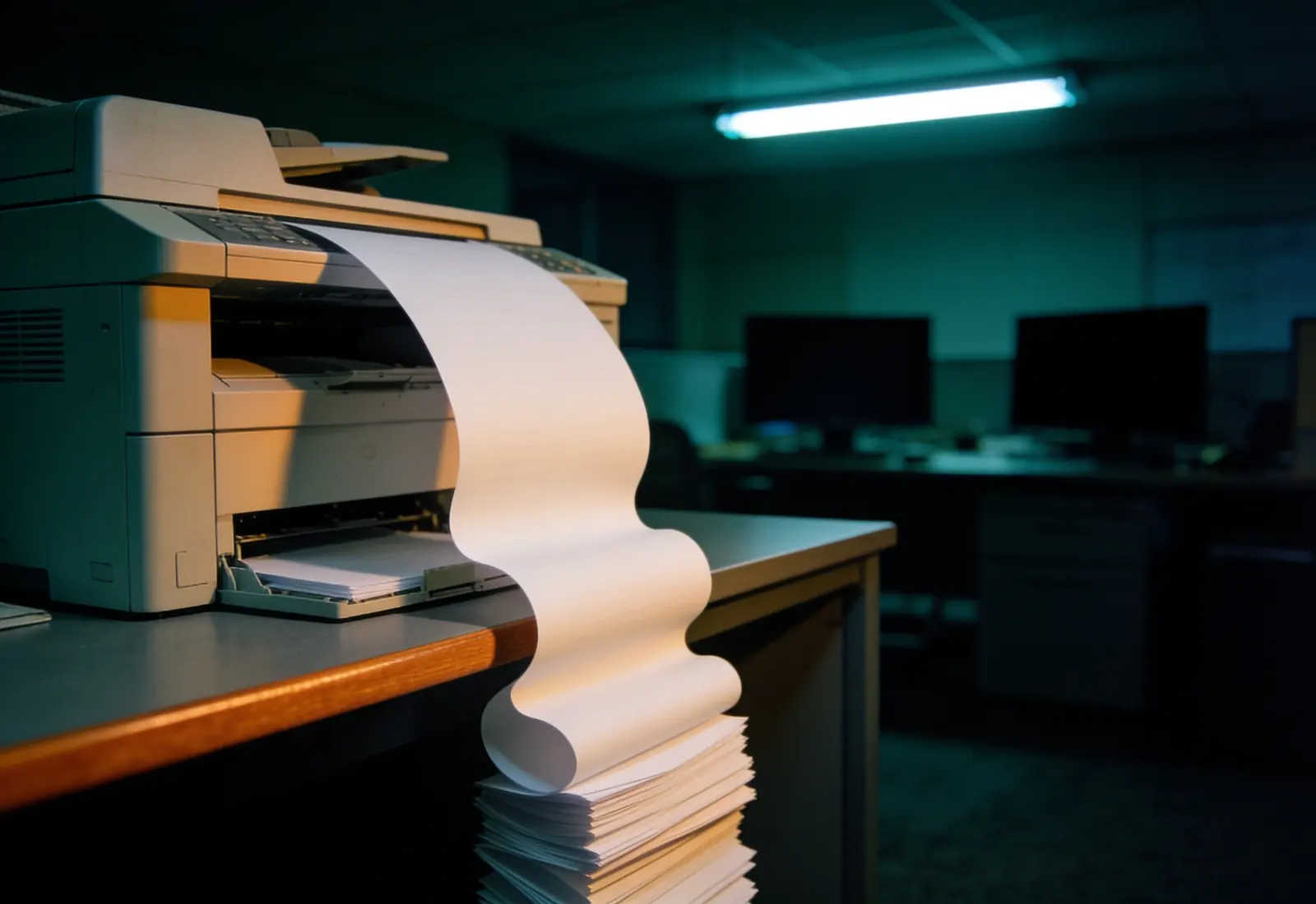 Impressora de escritório expelindo envelopes lacrados, sem ninguém por perto