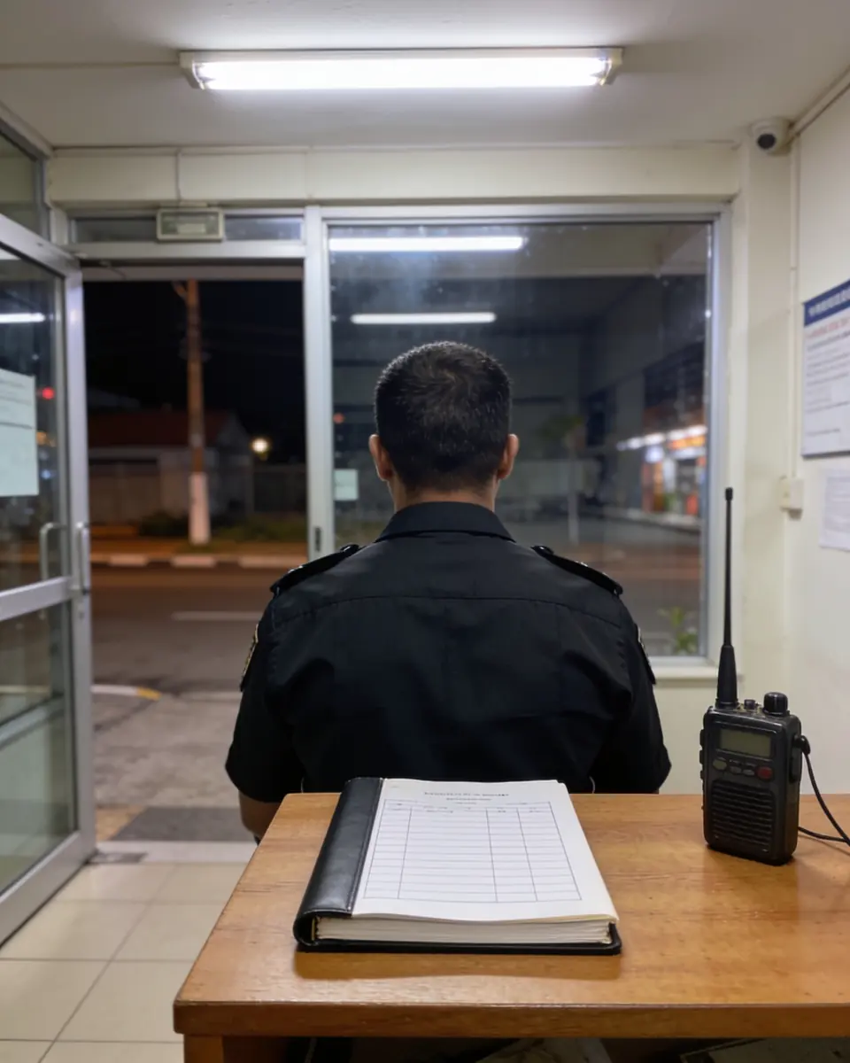 Vigilante de uniforme, de costas e sem o rosto à mostra, na portaria de um prédio à noite