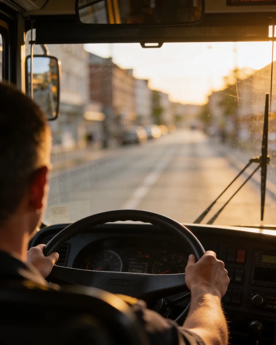Motorista de ônibus visto de costas no assento do condutor, as duas mãos no volante grande, painel escuro e para-brisa com uma avenida desfocada no fim da tarde