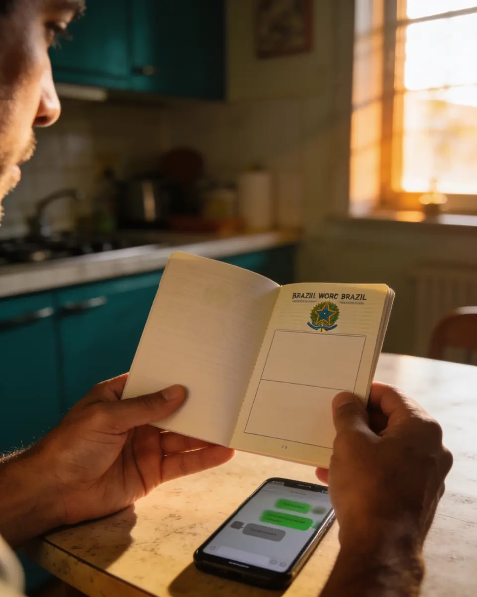 Mãos de um homem numa mesa de cozinha segurando uma carteira de trabalho aberta em páginas em branco, com um celular ao lado mostrando uma conversa desfocada