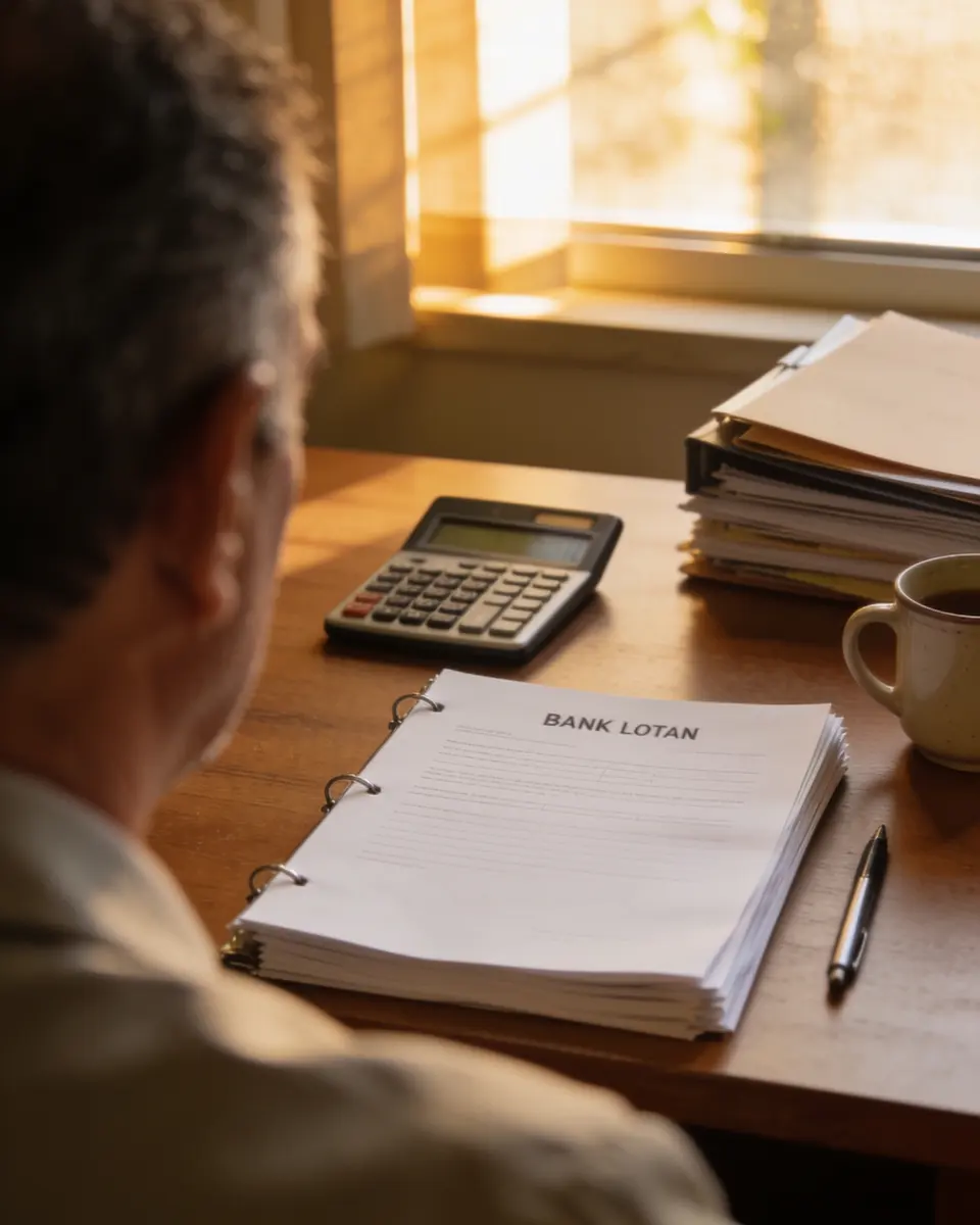 Homem de costas sentado à escrivaninha de um pequeno escritório no fim da tarde, diante de um contrato bancário grampeado, uma calculadora, uma caneta e uma pilha de pastas