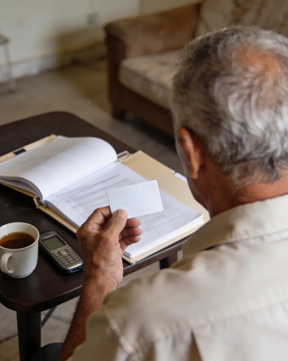 Homem idoso de costas, sentado à mesa da cozinha, com um cartão em branco e sem marca na mão, faturas impressas desfocadas e uma calculadora sobre a mesa; o rosto não aparece