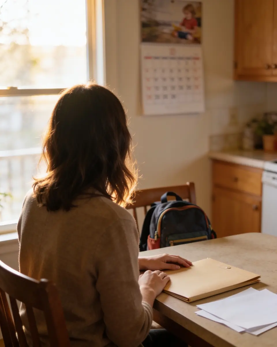 Mulher de costas sentada à mesa da cozinha no fim da tarde, diante de uma pasta aberta com certidões e formulários, um calendário de parede desfocado e uma mochila infantil encostada na cadeira ao lado