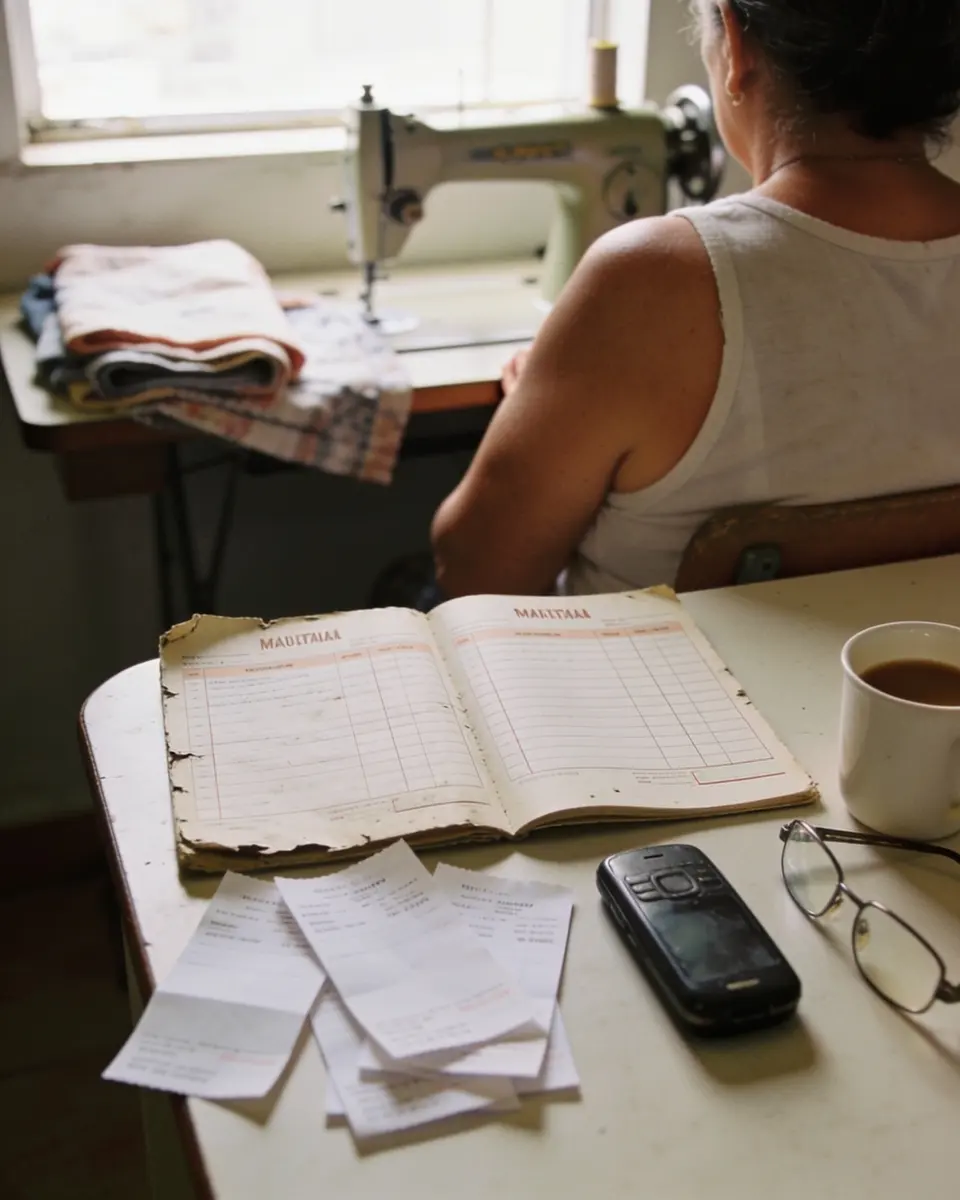 Mulher de costas sentada a uma mesa perto da janela, diante de um carnê de pagamentos aberto, recibos soltos, um celular e óculos de leitura, com uma máquina de costura ao fundo