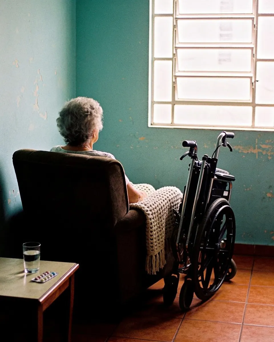 Mulher idosa de costas, sentada na poltrona junto à janela de uma sala simples, com uma cadeira de rodas dobrada ao lado
