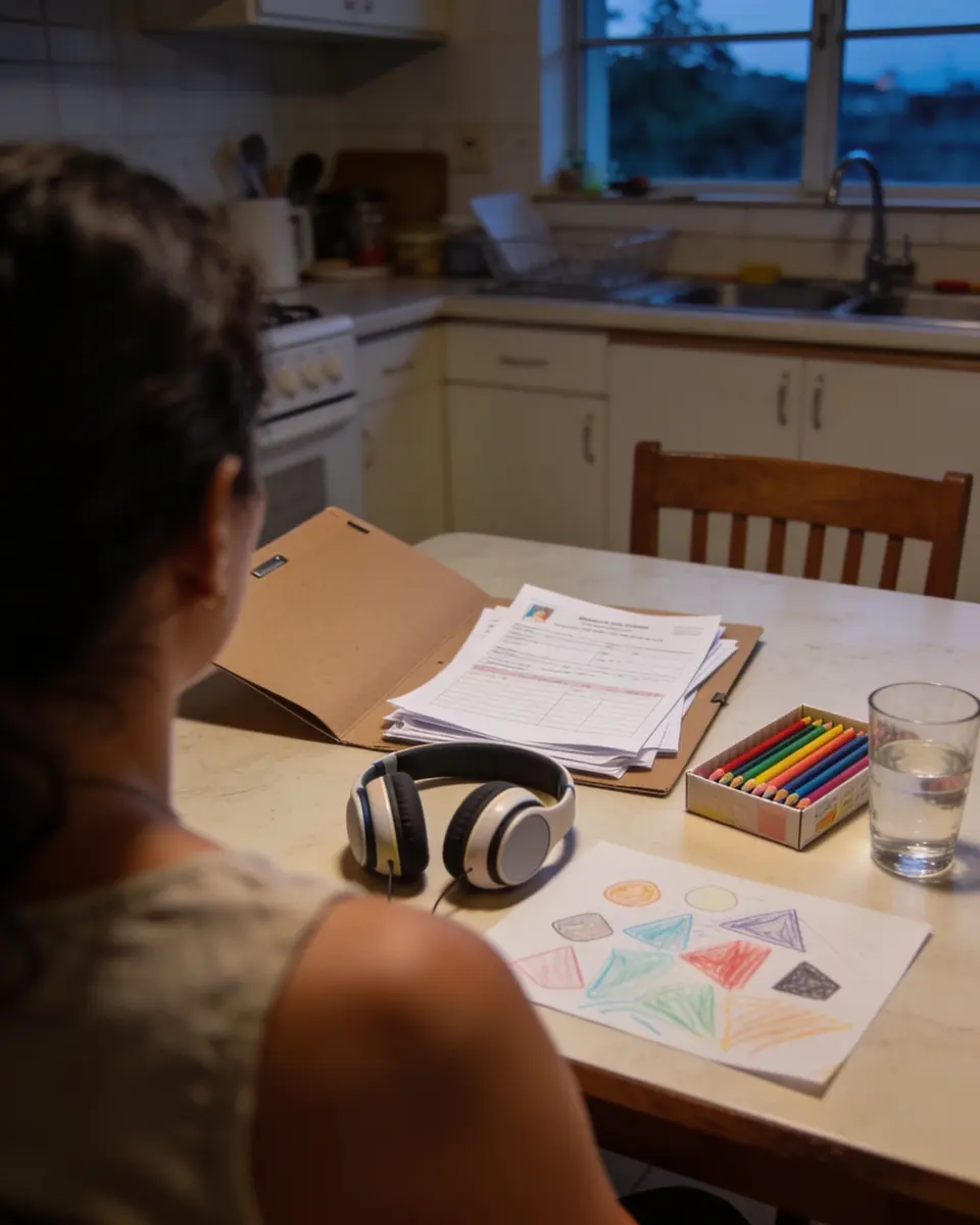 Mulher de costas sentada à mesa da cozinha no fim da tarde, diante de uma pasta aberta com laudos e relatórios escolares, um abafador de ruído infantil, lápis de cor e um desenho de criança