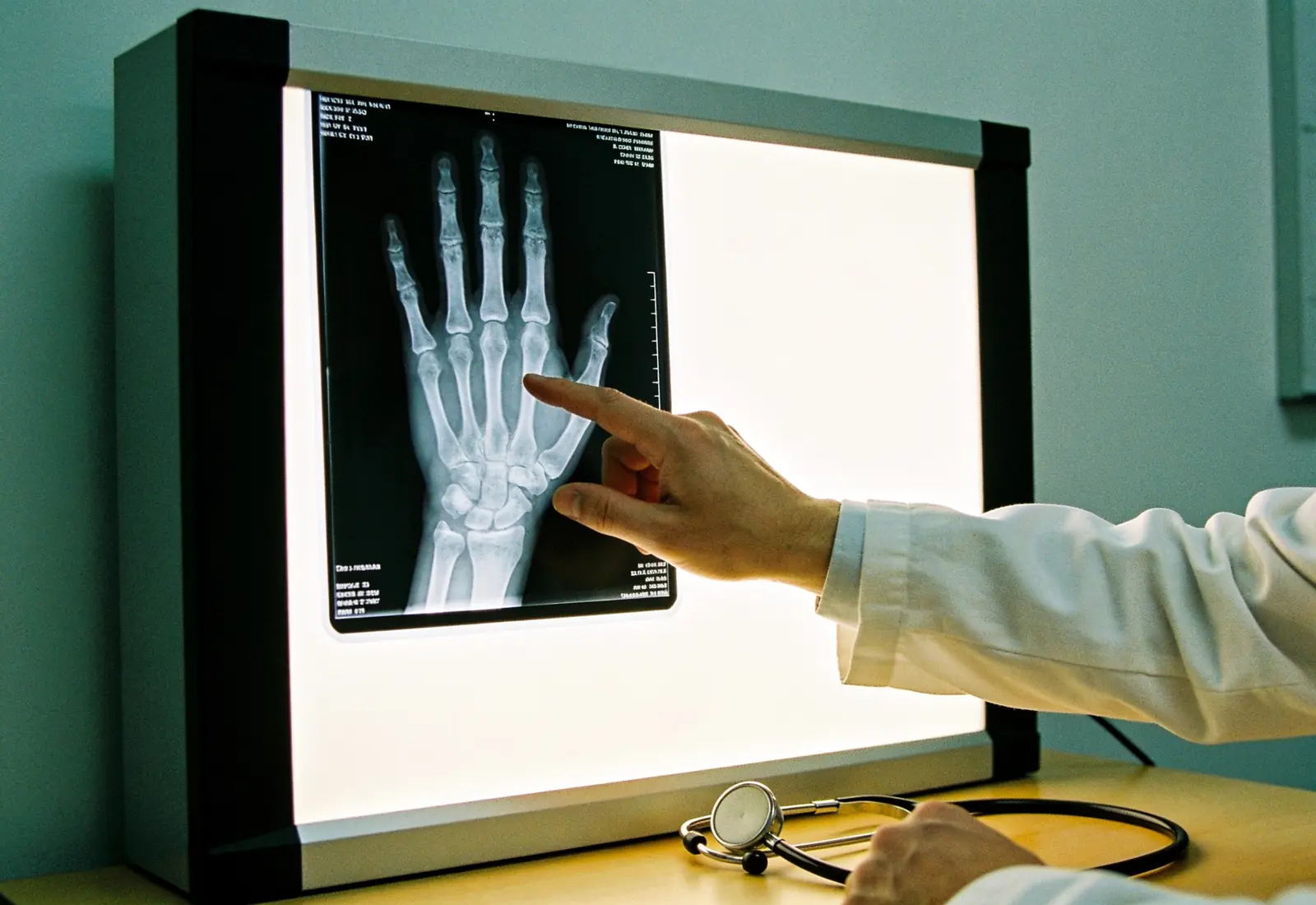 Mãos de um médico de jaleco apontando para a radiografia de uma mão presa a um negatoscópio em consultório