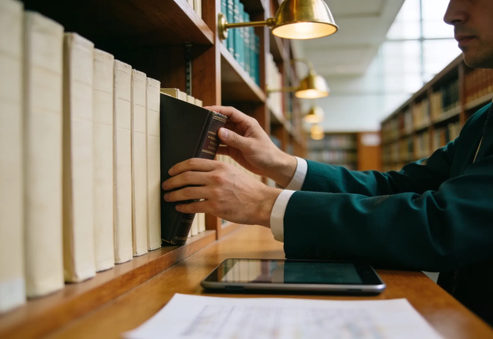 Mãos de um advogado tirando um livro de uma estante de biblioteca clara, com um tablet sobre a mesa de leitura