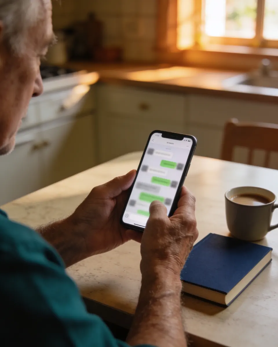 Mãos de um homem mais velho segurando o celular à mesa da cozinha pela manhã, com uma caderneta azul fechada ao lado