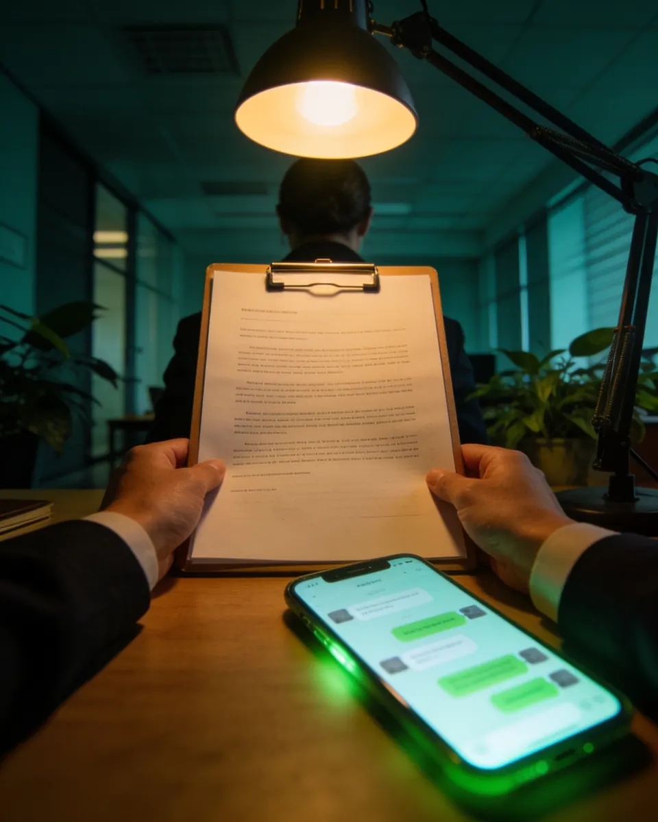 Assistente jurídica de costas numa mesa de escritório, lendo uma página impressa presa numa prancheta, com um celular ao lado mostrando uma conversa desfocada