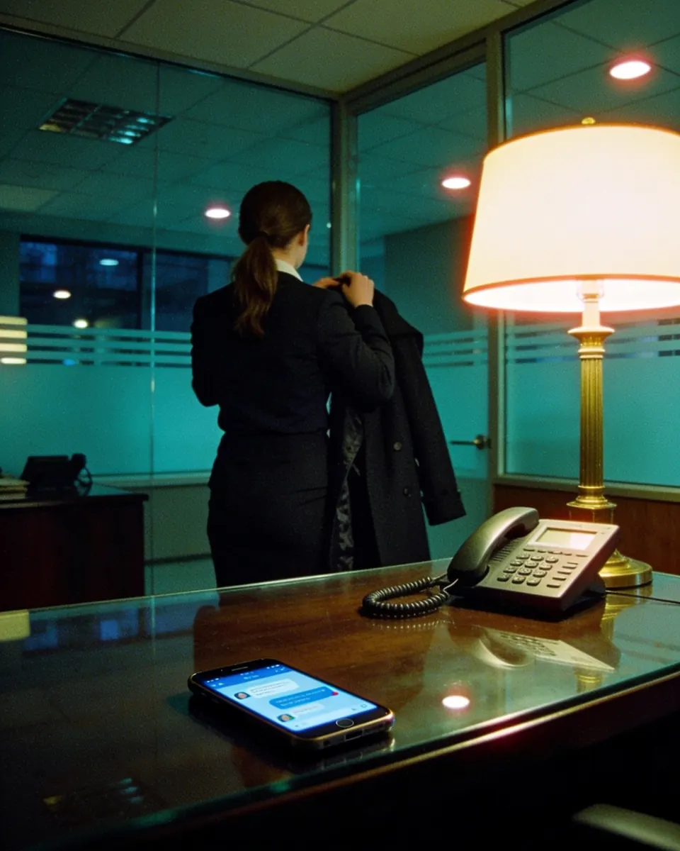 Recepcionista de costas na mesa de entrada de um escritório de advocacia à noite, vestindo o casaco para sair, com o celular aceso sobre a mesa