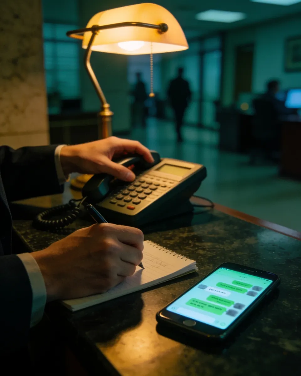 Mãos de uma recepcionista atendendo o telefone no balcão de um escritório de advocacia ao entardecer, a outra mão anotando num bloco, com um celular ao lado mostrando uma conversa desfocada